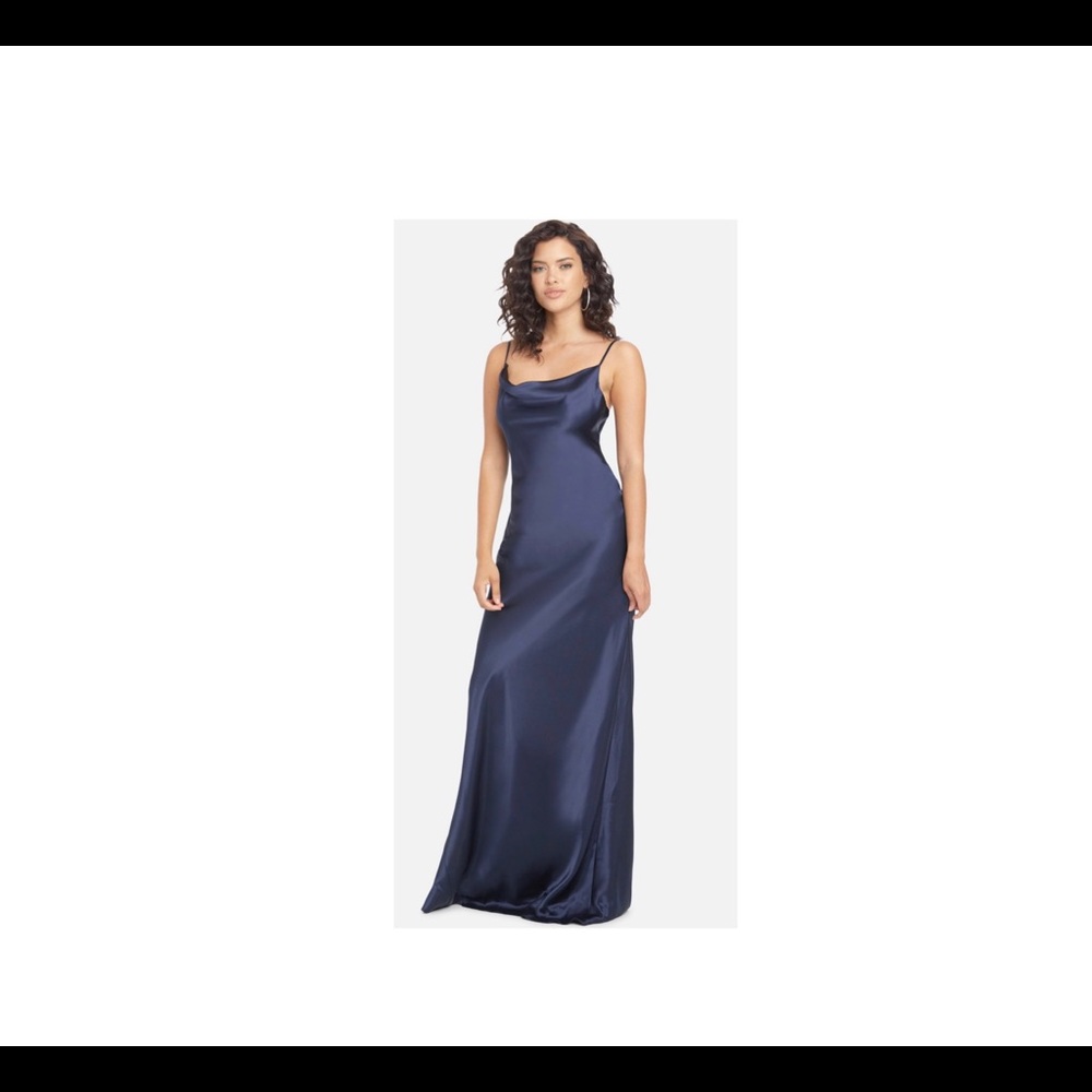 Bebe Cowl Neck Satin Slip Gown Navy S EUC